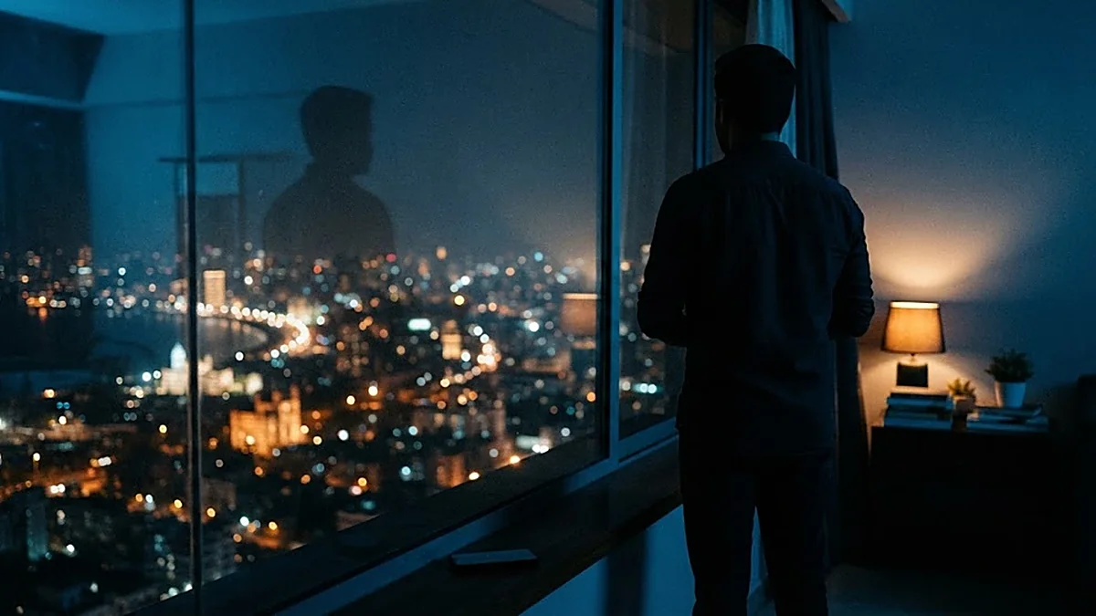 A man alone at a high-rise window at night, Mumbai's skyline spread out below him
