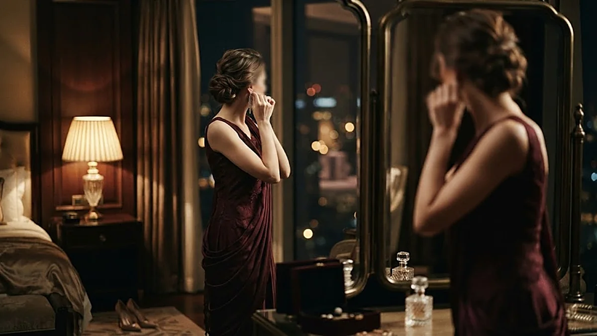A woman in an evening dress at a hotel mirror, fastening an earring, city lights in the window behind her