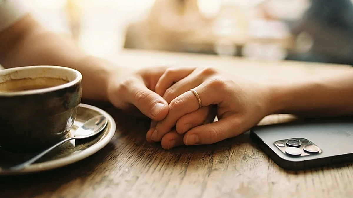Close-up of two hands intertwined on a café table beside a coffee cup and a face-down phone