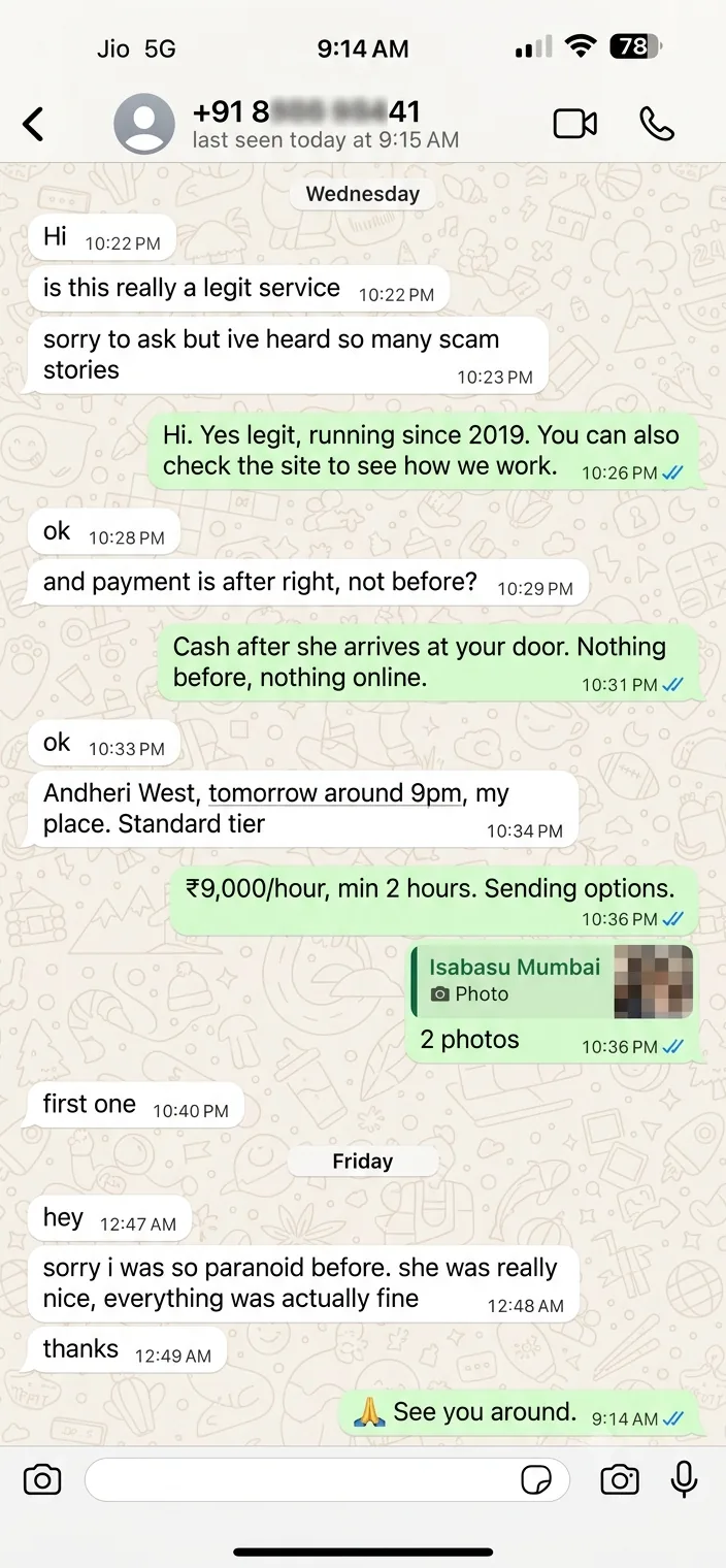 WhatsApp review from Aditya — first-time booking in Andheri West, November 2025