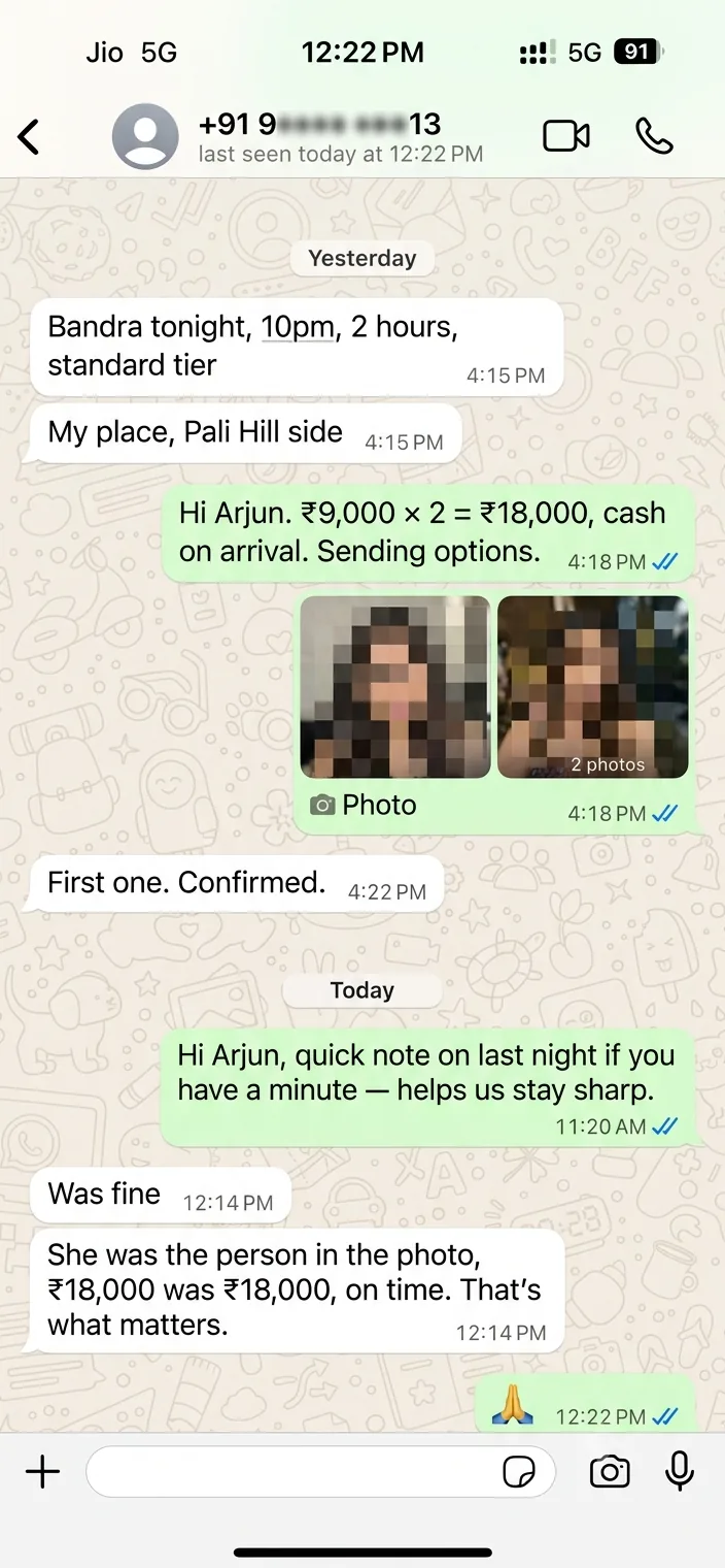 WhatsApp review from Arjun — Standard booking in Bandra West, January 2026