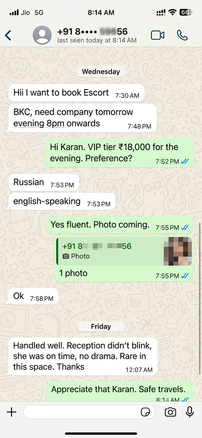 WhatsApp review from Karan — VIP business-trip booking in BKC, February 2026