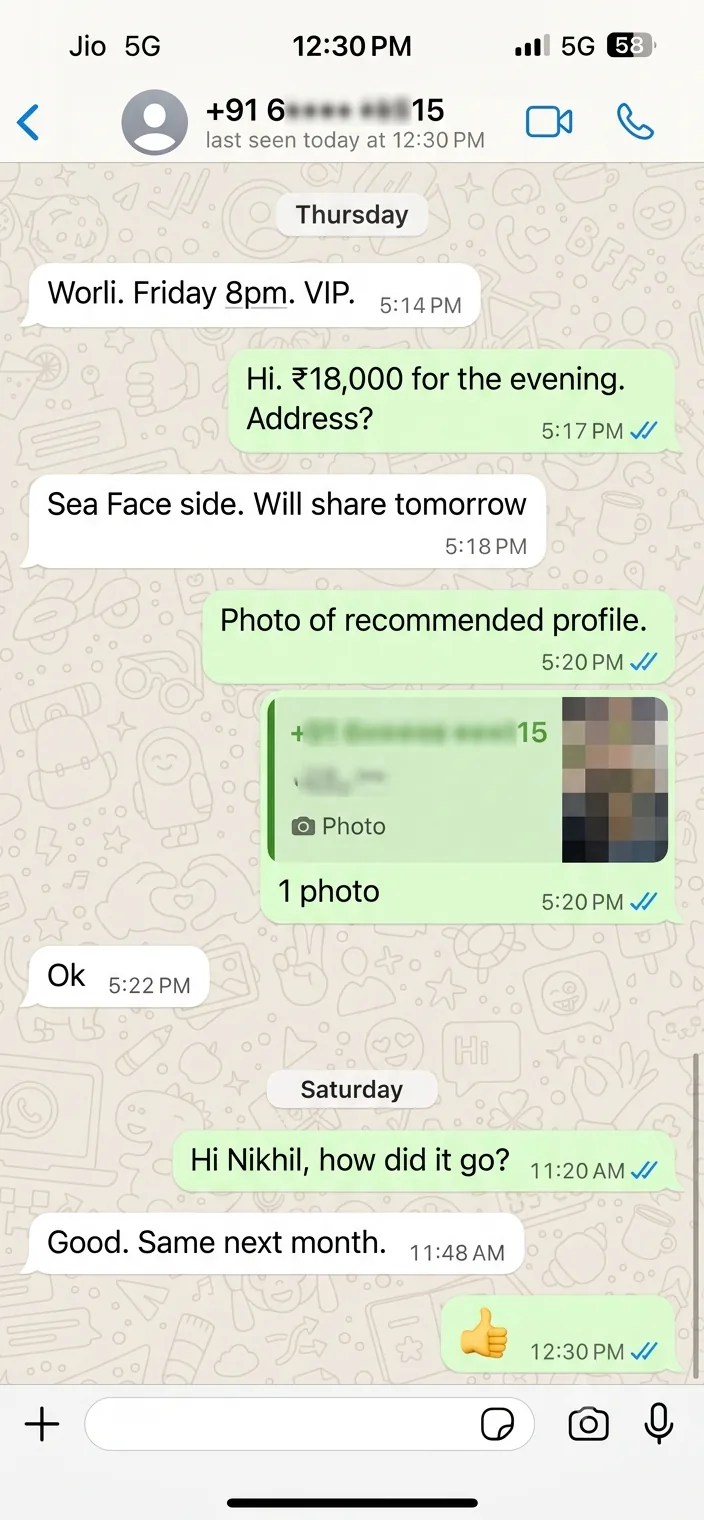 WhatsApp review from Nikhil — repeat VIP booking request from Worli, May 2026