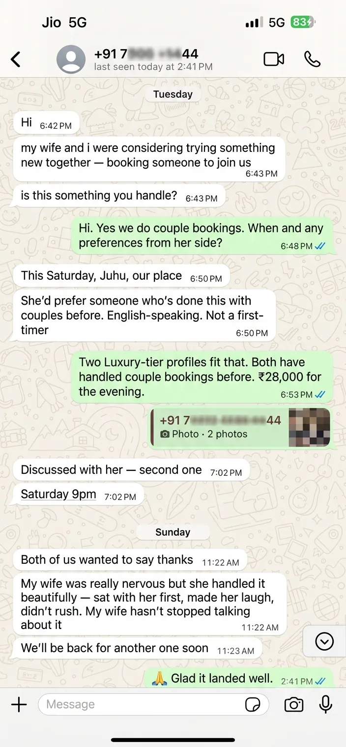 WhatsApp couple booking review from Rohan and Priya — Luxury in Juhu, March 2026