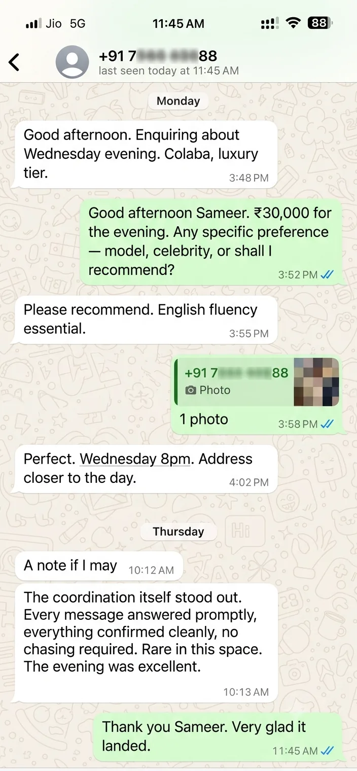 WhatsApp review from Sameer — Luxury booking coordination praise, Colaba, June 2026