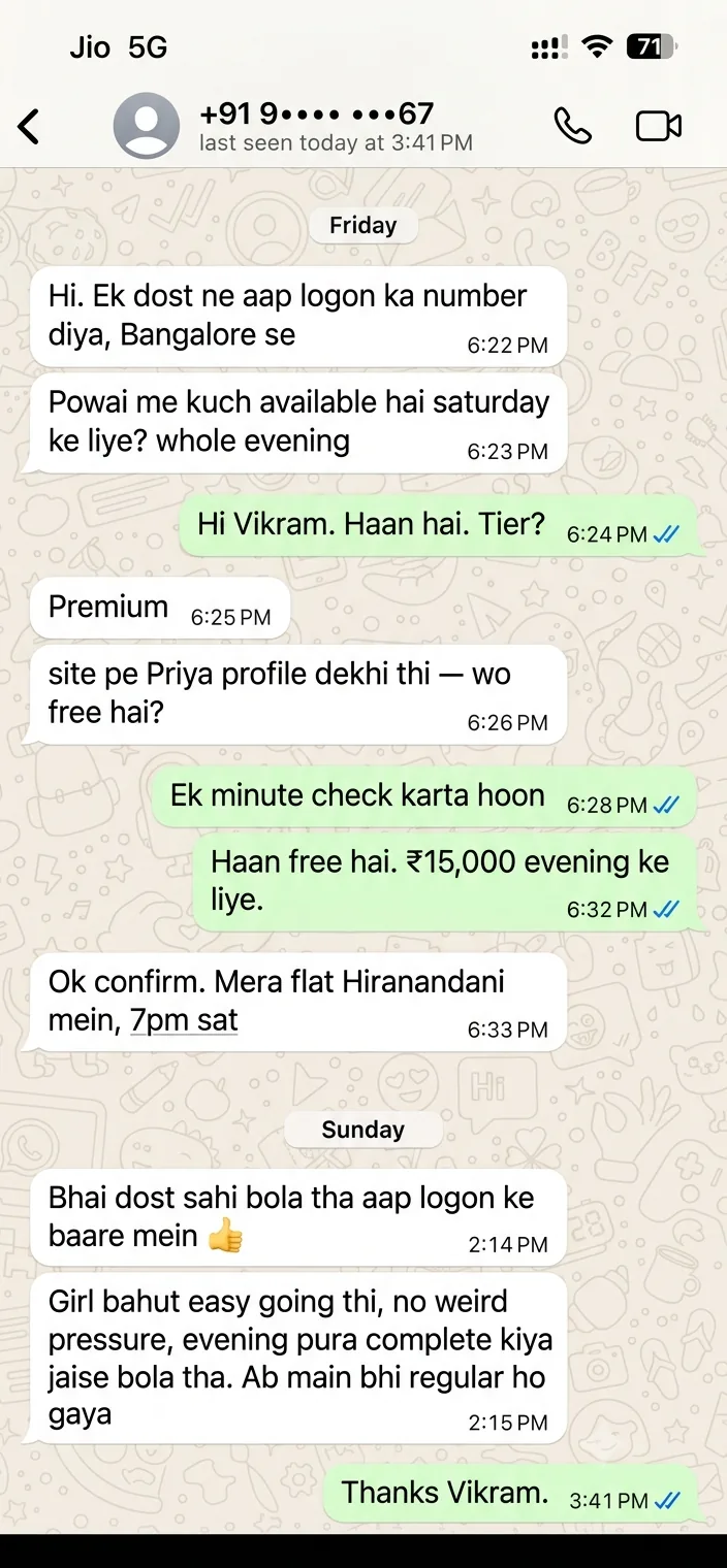 WhatsApp review from Vikram — Bangalore-referred Premium booking in Hiranandani Powai, April 2026