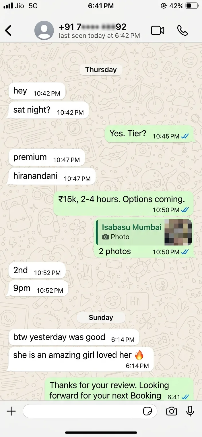 WhatsApp review from Vishal — Mumbai Premium booking in Hiranandani Powai, December 2025