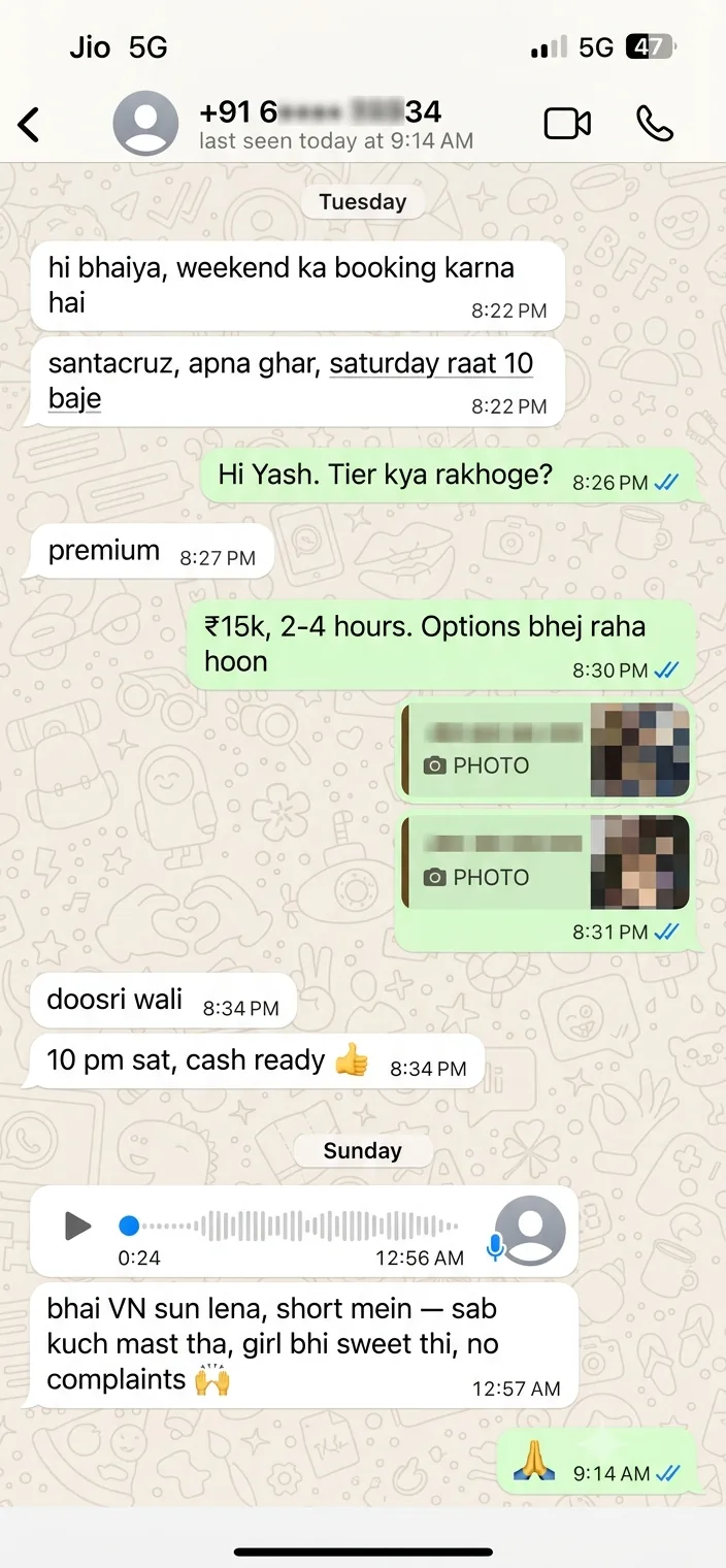 WhatsApp voice-note review from Yash — Premium booking in Santacruz, July 2026